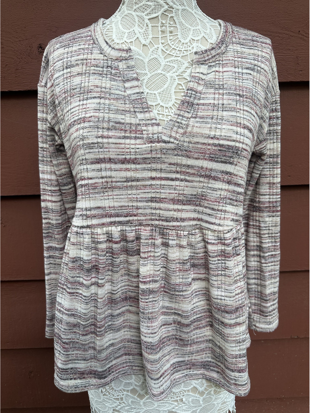 Maurices Space dye Babydoll Long Sleeve Tee Black White Flowy Knit Top
